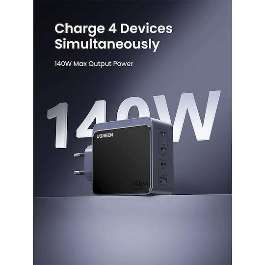 Ugreen Φορτιστής Χωρίς Καλώδιο GaN με Θύρα USB-A και 3 Θύρες USB-C 140W Power Delivery Γκρι (X570)