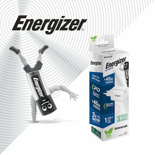 Energizer Ladegerät ohne Kabel mit USB-C Anschluss 45W Stromlieferung Weißs (A45EU)