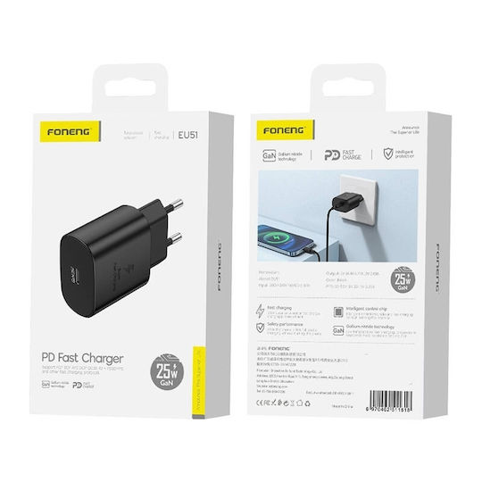 Foneng Φορτιστής Χωρίς Καλώδιο GaN με Θύρα USB-C 25W Power Delivery Μαύρος (EU51)