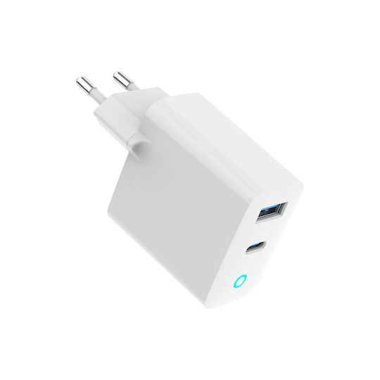 Gembird Зарядно без кабел GaN с USB-A порт и USB-C порт 30W Power Delivery / Quick Charge 3.0 Бял (TA-UC-PDQC30L-W-01)