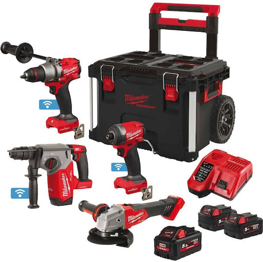 Milwaukee 3990947 Set Angle Wheel & Drill Driver & Impact Screwdriver & Excavator 18V with 2 Batteries 5Ah and Case
