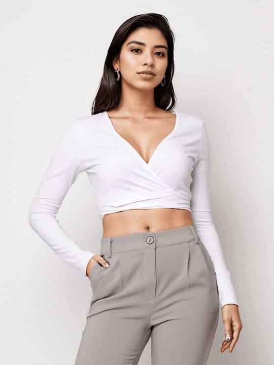 Damen Crop Top Langarm Weiß