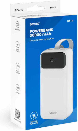 Savio BA-11 Power Bank 30000mAh με 2 Θύρες USB-A και 2 Θύρες USB-C Power Delivery / Quick Charge 3.0 Λευκό