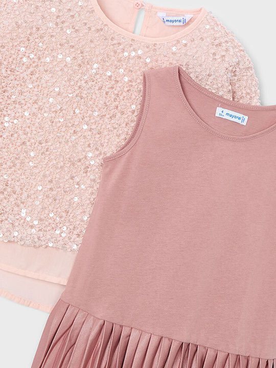 Children's Dress Long Sleeve with Sequins Set with Blouse Pink