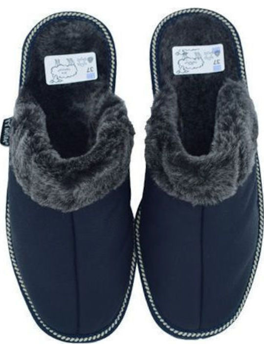 Leather Winter Women's Slippers Blue