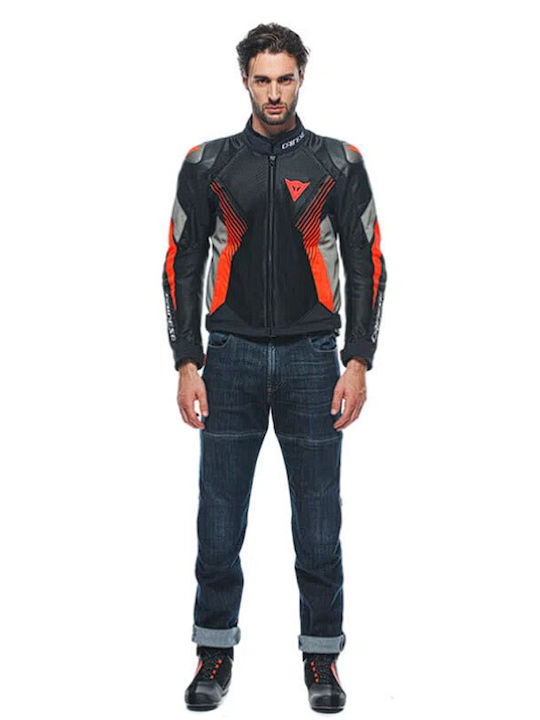 Dainese Super Rider 2 Herren Motorradjacke Leder 4 Jahreszeiten Wasserdicht Black/Dark Gull Gray/Fluo-Red