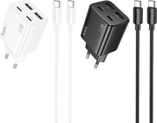 Hoco Charger with 2 USB-A Ports and 2 USB-C Ports and Cable USB-C - USB-C 30W Power Delivery / Quick Charge 3.0 Whites (N56 Fundador)