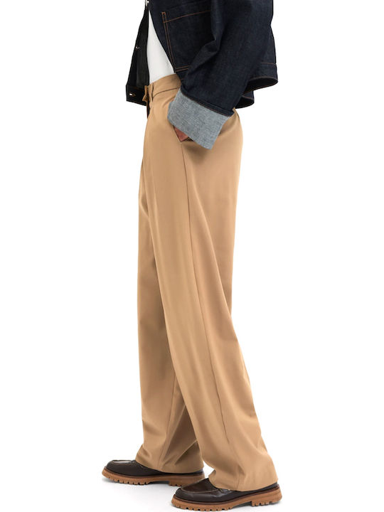 Women's High-waisted Fabric Trousers Relaxed Fit Brown