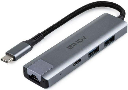 Lindy Hub USB 3 Porturi USB 3.2 cu Conectare USB-A Ethernet Gri