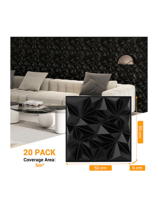 Costway Σετ 20 Τμχ Αυτοκόλλητα 3d Πάνελ Τοίχου 50 X 50 Εκ Μαύρο Hz10363bk