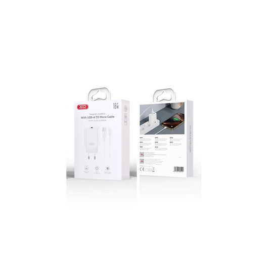 XO Φορτιστής με Θύρα USB-A και Καλώδιο micro USB 18W Quick Charge 3.0 Λευκός (CE33)