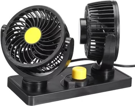 Double Car Fan 2 Speed Settings 10w Power 360° Rotation 2 M Cable Length Black