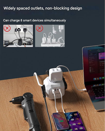 Extension Cord PowerCube 4 Позиции с USB-A, USB-C, Превключвател и Кабел 2м