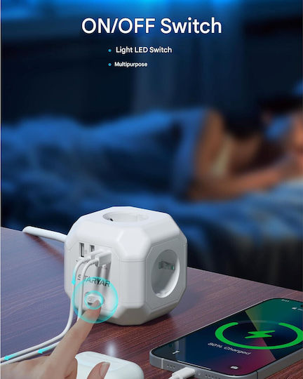 Extension Cord PowerCube 4 Позиции с USB-A, USB-C, Превключвател и Кабел 2м