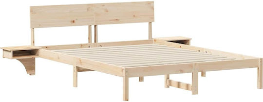 Double Bed Made of Solid Brown Wood with Slats for Mattress 160x200cm