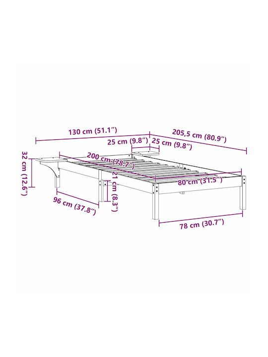 Pat Single Din Lemn Alb Cu Plăci Potrivit Pentru Saltea 80x200cm