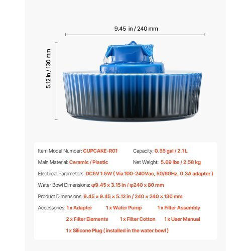Vevor Ceramic Water Fountain for Dog & Cat 2 x 2.1lt