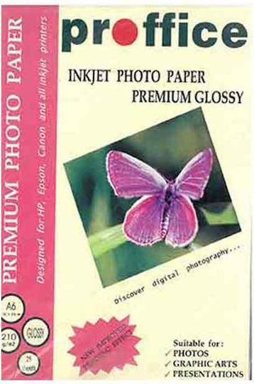 Proffice Φωτογραφικό Χαρτί Gloss A6 (10x15) 210gr/m² για Εκτυπωτές Inkjet 25 Φύλλα