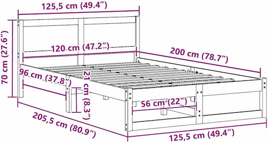 Kids Bed Classic Semi Double Solid pine wood for Mattress 120x200cm