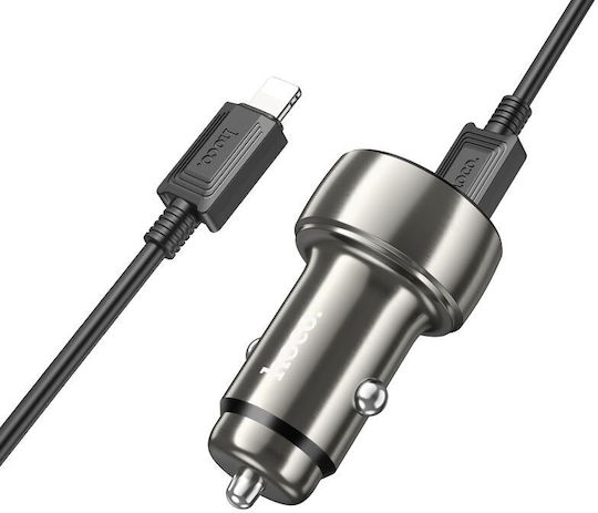 Hoco Зарядно за кола 48W 3Спецификация Бързо Зареждане с Портове: 1xUSB 1xType-C заедно с Кабел Lightning Сив Цвят