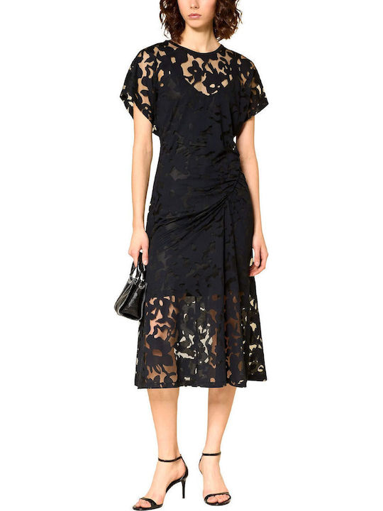 Rochie Midi De Seară Cu Dantelă Și Plasă Neagră