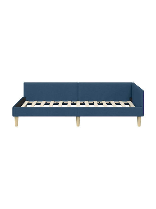 Pat Single Tapițat cu Material Albastru cu Plăci pentru Saltea 90x190cm