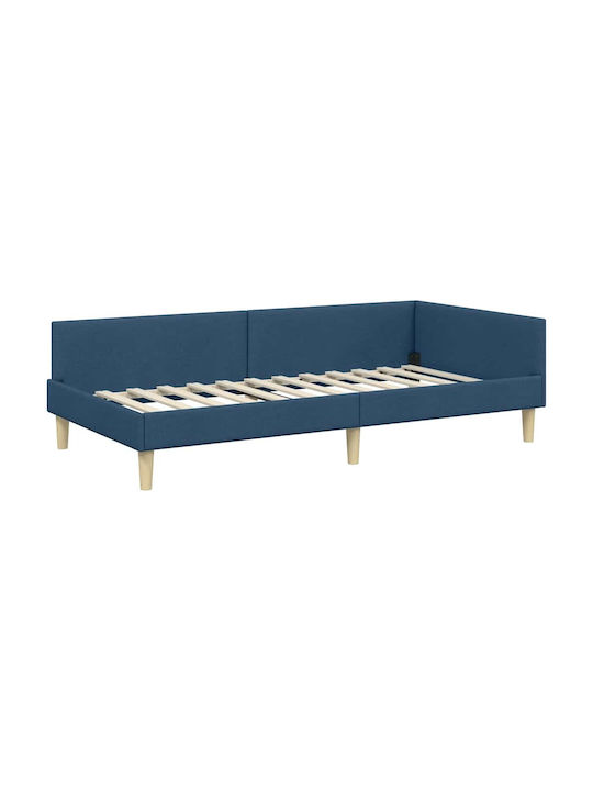 Pat Single Tapițat cu Material Albastru cu Plăci pentru Saltea 90x190cm