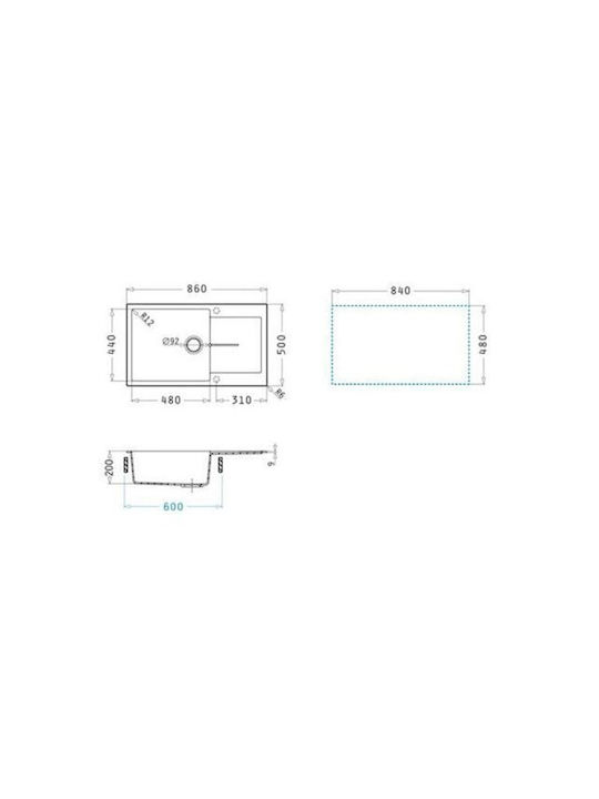 Pyramis 1b 1d Plus Ένθετος Νεροχύτης από Συνθετικό Γρανίτη Μ86xΠ50cm Μπεζ