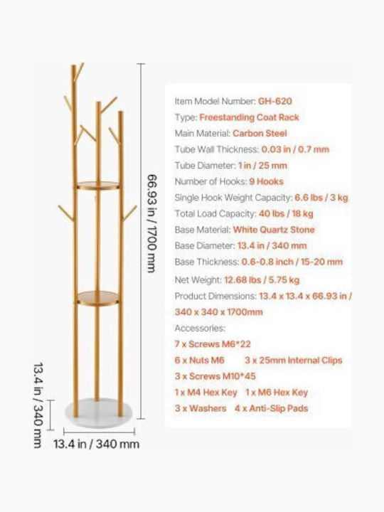 Vevor Metallic Coat Rack Yellow 34x34x170cm