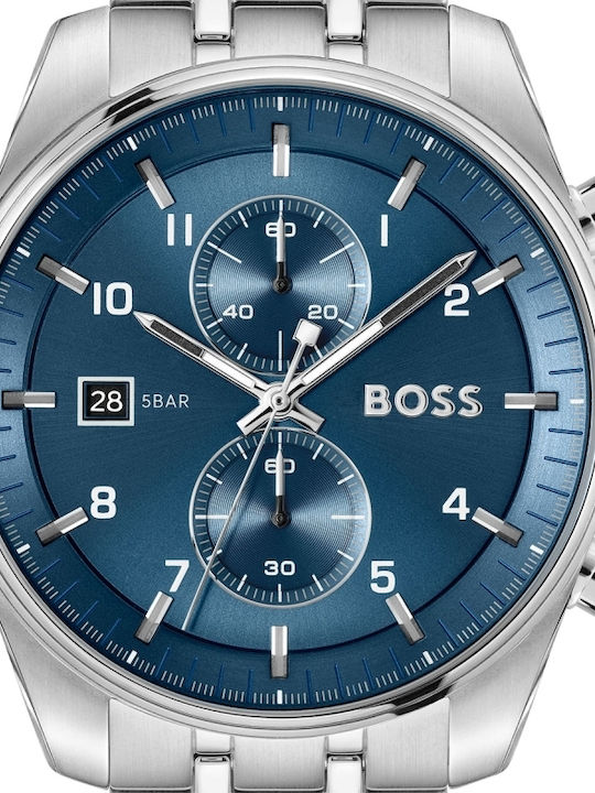 Boss Skytraveller Ανδρικό Ρολόι 44mm Χρονογράφος Μπαταρίας με Ασημί Μεταλλικό Μπρασελέ