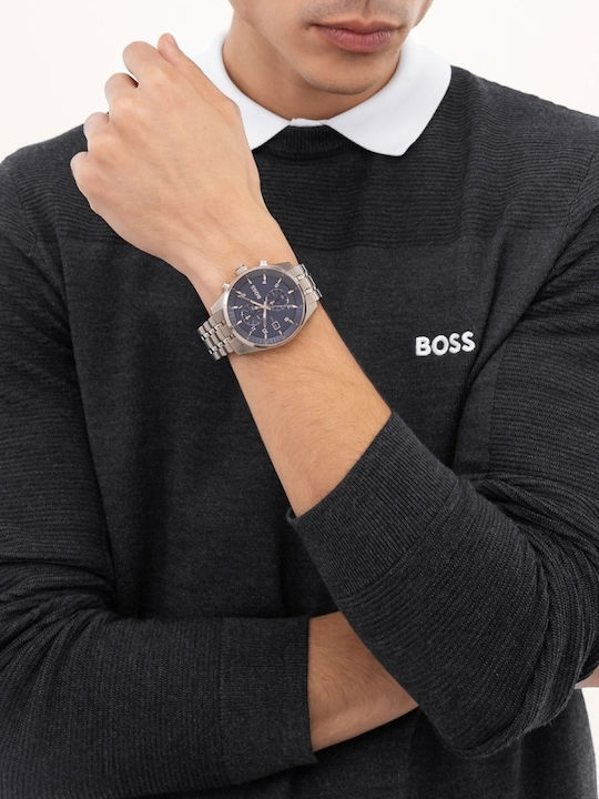 Boss Skytraveller Ανδρικό Ρολόι 44mm Χρονογράφος Μπαταρίας με Ασημί Μεταλλικό Μπρασελέ
