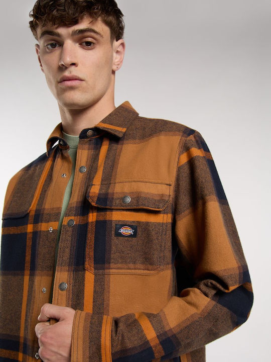 Nimmons Long Sleeve Overshirt In Wide Line Checked Brown/Dark Blue