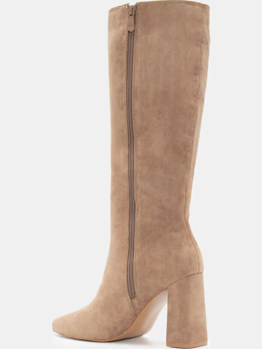 Wildleder Damenstiefel mit hohem Absatz Beige