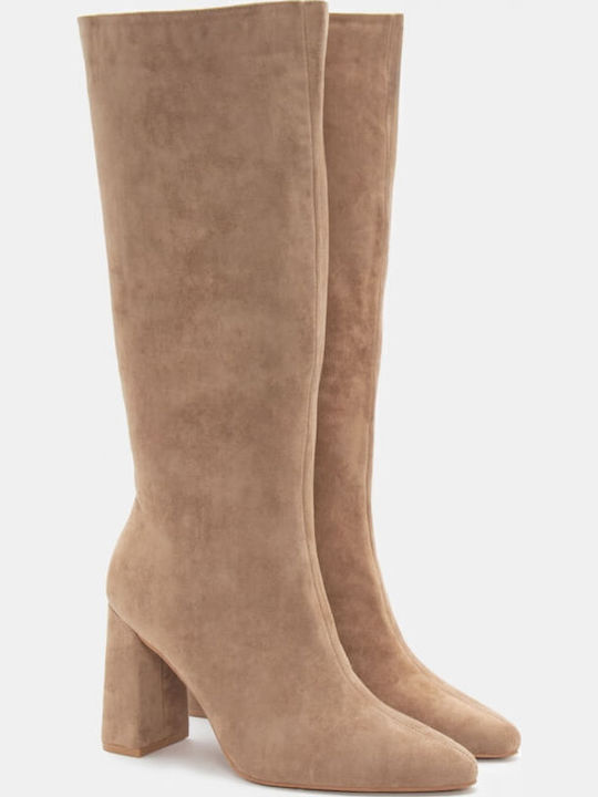 Wildleder Damenstiefel mit hohem Absatz Beige