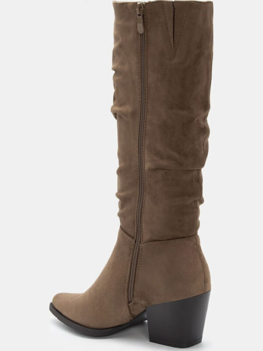 Suede Medium Heel Cowboy Boots with Zipper Green