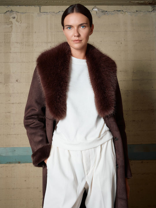 Damen Brown Mantel mit Fellbesatz