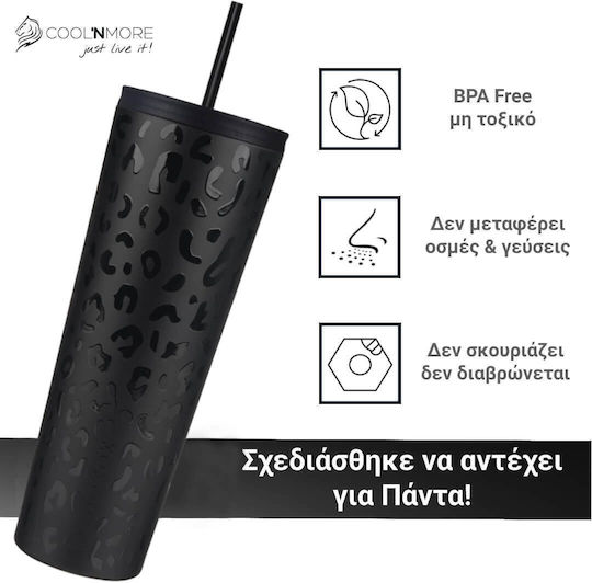 Cool'NMore Glass Thermos Stainless Steel BPA Free 750ml Black with Straw
