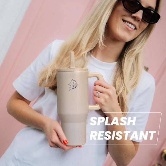 Cool'NMore Handled Tumbler Thermos Stainless Steel BPA Free 1lt Tan with Straw and Handle