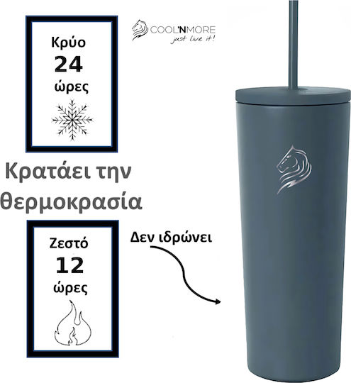 Cool'NMore Glass Thermos Stainless Steel BPA Free 600ml Lava Grey with Straw