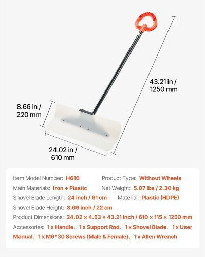 Vevor Plastic Snow Pusher Shovel 24in Heavy Duty Winter Snow Plow Driveway