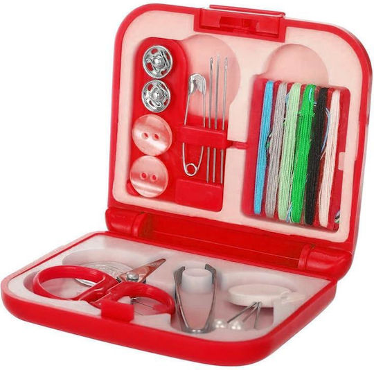 Travel Sewing Set Plastic Red Box 15 Pieces 21x10.5x1.5cm