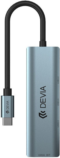 Devia USB Хъб с 4 Порта USB 3.0 с USB-C Връзка Сив