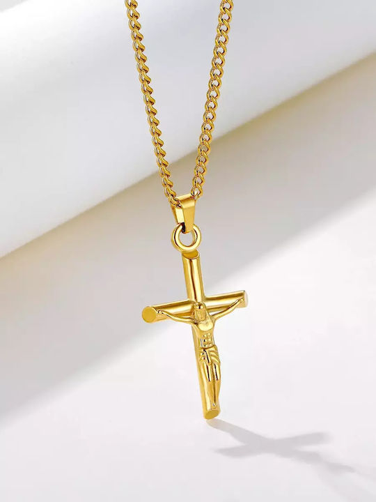 Legend Accessories Men's Cross with the Crucified from Gold Plated Steel with Chain