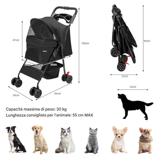 Bakaji Dog/Cat Carrying Black Stroller for 30kg Pets L100xW65xH50cm