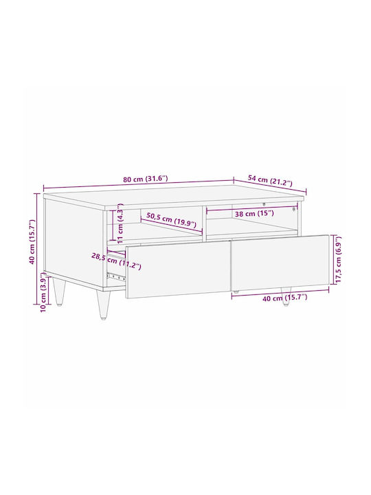 vidaXL Kaffeetisch Zentral aus Massivholz mit Schubladen Weiß M80xT54xH40cm