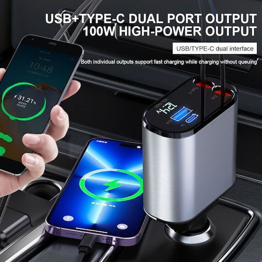 Auto-Ladegerät 120W 2.4A Schnellladung mit Anschlüssen: 1xUSB 1xType-C mit Kabel Blitzschlag / Typ-C,TC-TC und Voltmeter
