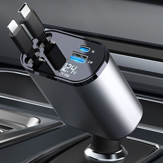 Auto-Ladegerät 120W 2.4A Schnellladung mit Anschlüssen: 1xUSB 1xType-C mit Kabel Blitzschlag / Typ-C,TC-TC und Voltmeter