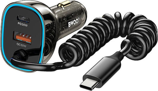 BWOO Încărcător Auto 30W Încărcare Rapidă cu Porturi: 1xUSB 1xType-C împreună cu Cablu Type-C Gri Culoare
