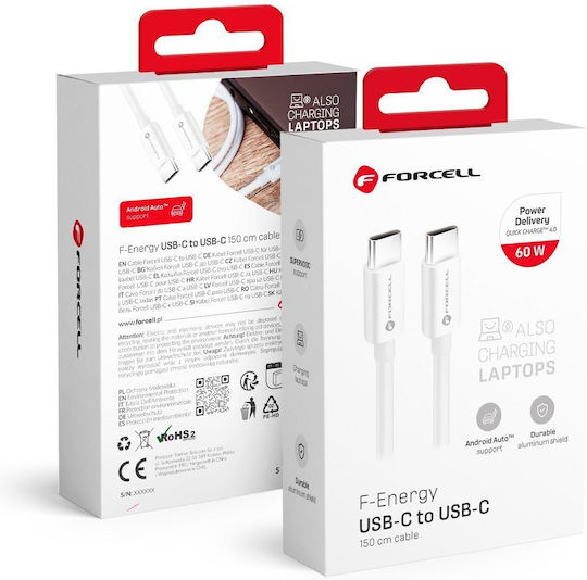 Pd60w USB 3.1 Cable USB-C Male - USB-C 60W PD White 1.5m FOCB-219597