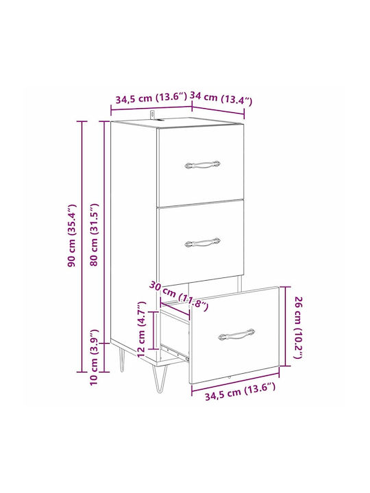 Drawers Storage Wooden with 3 Drawers L34xW34.5xH90cm